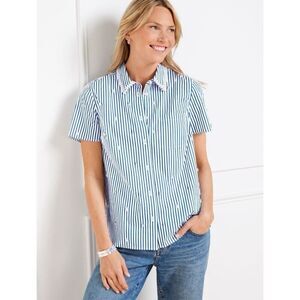 Talbots EMBELLISHED SHORT SHIRT Blouse size S White Blue DAFFODIL STRIPE Button